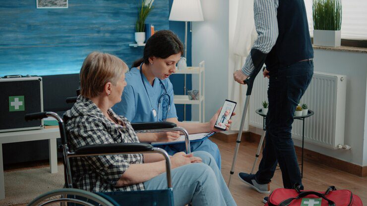Retired woman nurse engaging in video call with doctor, illustrating compassionate home care support from Lasting Legacy Healthcare Services LLC.