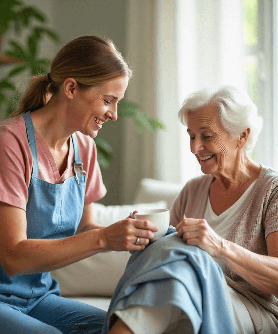 Non-medical home health aide assisting elderly woman with daily tasks in a cozy living room.